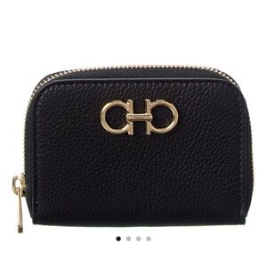 New, Ferragamo Black Leather Wallet with Gold Logo